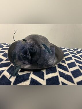 Women's Navy Wide-Brim Straw Dress Hat with Floral Accent